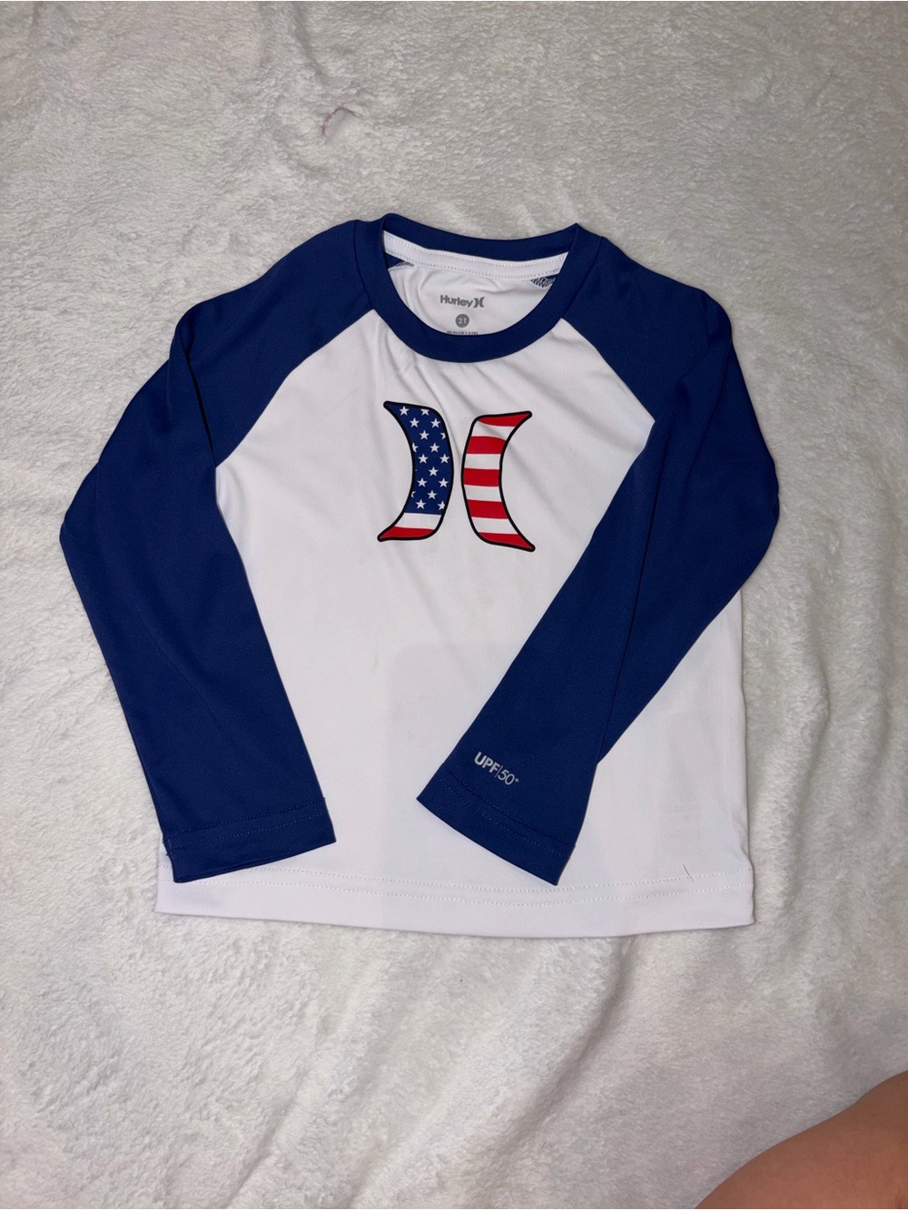 Hurley Kids Rash Guard - White & Navy with American Flag Logo Size 2T Swim Shirt